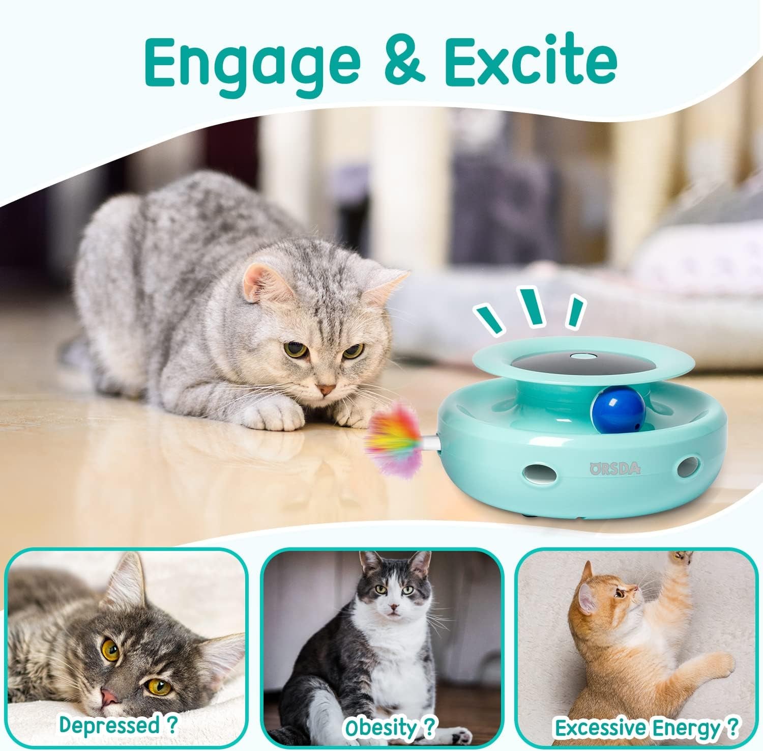 2-in-1 Interactive Cat Toys for Indoor Cats - Automatic Toy Balls and Mice with Feather Attachments, Dual Power Supplies, Adjustable Speed, and Auto On/Off Feature